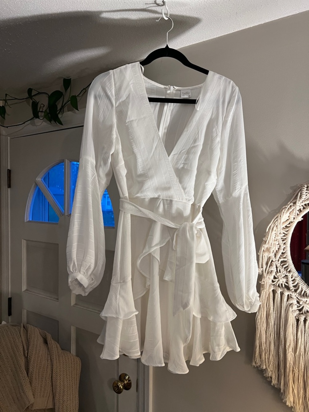 Selfie Leslie White Ruffle Wrap Long Sleeve Dress